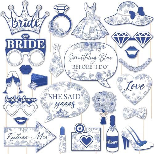 Bridal Shower Party Photo Booth Props Kit for Wedding Decoration Favor Supplies Pose Sign Dress Up Fun Accessories - color: Blue