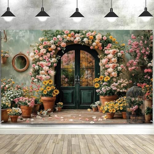 6X4ft Flower Backdrop Coloful Floral Arch Retro Door Photography Backdrops Modern Interior Rustic Style Wall Decoration Wedding Portrait Background Studio Photo Booth Props - color: Multi4, size: 6X4ft