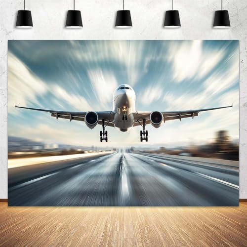 Airplane Backdrop, Air Plane Landing Takeoff Airport Runway Photography Background, Blurred Rosy Sunset Clouds Sky Scene Background for Holiday Travel Party Decorations Photo Shoot Studio Props 8X6ft - color: Multi3, size: 8X6ft