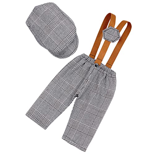 Newborn Monthly Baby Photo Props Stripe Checked Flat Cap Newsboy Suspender Pants Romper for Photography Outfits - color: Silver Gray