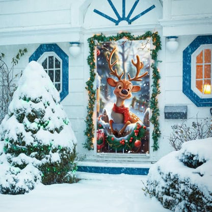 FINGOOO Christmas Door Cover Reindeer Decorations, 6Ft x 3Ft Cute Front Door Xmas Decorations Festive Fabric Door Covers Photo Booth Props