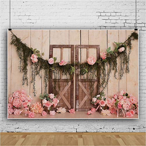 Haoyiyi 10x6.5ft Wedding Backdrop Rustic Pink Rose Flowers Wood Door Floor Board Photography Background Bridal Shower Mother's Day Valentine Anniversary Bride Girl Artistic Portrait Photo Studio Props