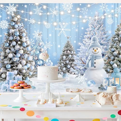 InMemory Blue Winter Wonderland Backdrop Christmas Snowy Forest Trees Snowflake Snowman Background for Photography Xmas Holiday Party Decoration Prop Banner 6x4ft - color: Blue