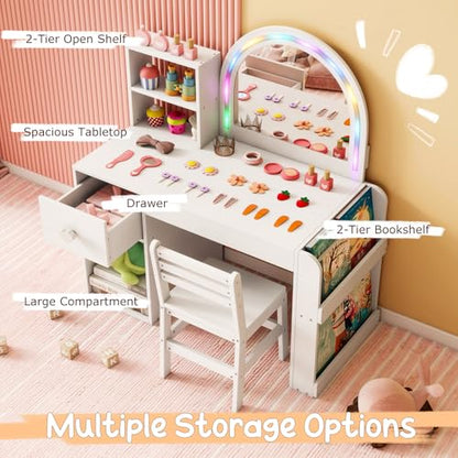 Costzon Kids Vanity, Girls Vanity Set with Lighted Mirror, Bookshelf, Drawer, Storage Cabinet & Shelves, Toddler Makeup Vanity Desk Dressing Table, Wooden Kids Vanity Table and Chair Set (White) - style: White with Bookshelf