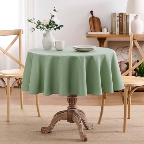 Faux Linen Tablecloths for Rectangle Tables, Burlap Textured Table Cloths Washable Farmhouse Table Cover Water Resistant for Dining, Wedding, Outdoor(Sage Green, 60" Round) - color: Sage Green, size: 60" (Round)