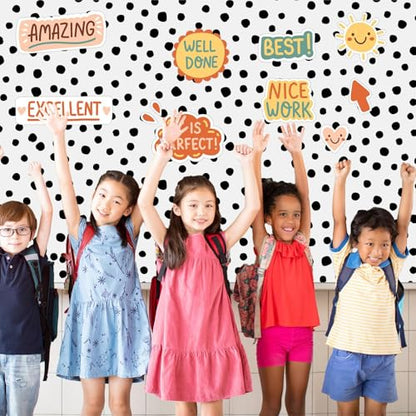 Classroom Fabric Bulletin Board 47x141inch Black Dots White Back to School Classroom Backdrop Decoration for Wall Door Background, DIY Crafts, Bulletin Boards, Pillows, Curtains, Reusable, Easy to Cut - style: White Polka Dots