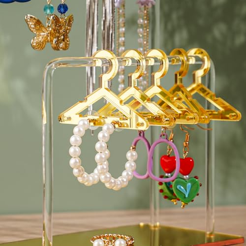 NiHome Glitter Acrylic Earring Holder with Unique Double-Tiered Design, Miniature Clothing Hangers with Spacious Storage for 48 Pairs, Mirror-Finish Display for Home Vanity & Retail Showrooms(Gold) - color: Gold, size: Without Tray