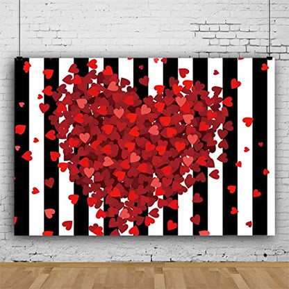 Red Hearts Backdrop for Wedding Anniversary, 5x3FT Black White Striped Background, Romantic Patry Banner Photo Booth Props RBJMYLU35 - size: polyester microfiber fabric-5x3ft