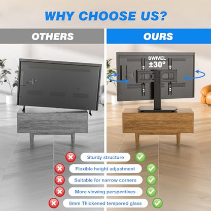 Rfiver Universal Swivel TV Stand for 27-50 55 60 Inch TVs, Height Adjustable Table Top TV Stand Mount Hold up to 88 lbs, Pedestal TV Stands with Tempered Glass Base, Replacement TV Mount Stand - size: 27-60 inch