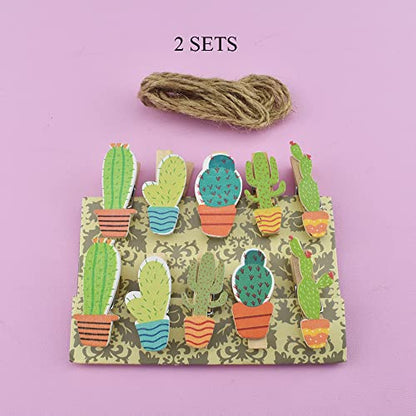 HAHIYO Cactus Painted Mini Wooden Clothespin Clip with 6.56 Feet Jute Twine Photo Paper Holders 1.38inch Tight Clamp Not Fray Rope Post Notices Handy Read for Hanging Postcard Wedding 20PCS - size: Cactus(with rope) 1.38 inches 20 Pack