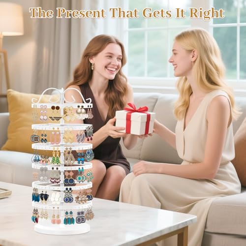 MODOWEY Rotating Earring Holder Organizer Stand, 6 Tier Large Capacity Jewelry Display Tree for Women Vendors, 264 Holes Adjustable Metal Rack for Stud Hoop Dangle Storage, Spin for Easy Access, White - color: Pearl White, size: 6-Tier