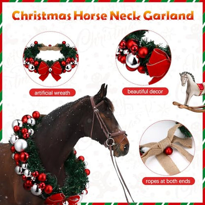 Dingion Christmas Wreath Horse Christmas Horses Neck Garland 16.9 Inches Artificial Outdoor Garland Horse Costume Rustic Farmhouse Decor for Xmas Holiday Party Parades Supplies(Xmas Bow Style) - style: Xmas Bow Style