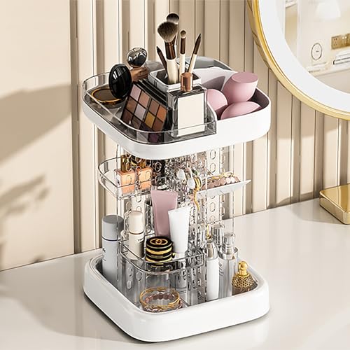 360 Rotating Makeup Organizer for Vanity & Countertop, Clear Adjustable Height Tiered Cosmetic and Skincare Storage, Spinning Perfume and Brush Holder, Jewelry Accessories Desktop Organizer, White - color: White