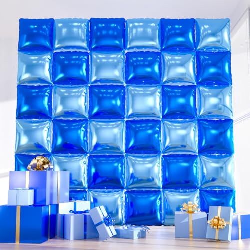 36pcs Royal & Baby Blue Square Foil Balloons - Double-Sided Mylar Balloon Backdrop Kit for Birthdays, Graduation 2026, New Year, Photo Booth Decor (9.5ft x 9.5ft Checkered Wall/Tunnel) - color: Blue Light Blue