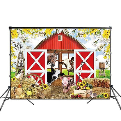 Spring Farm House Photography Backdrop 7x5ft Animals Red Rustic Barn Birthday Background Party Decorations for Kids Farm Theme Baby Shower Banner Photo Booth Props - size: 7x5ft