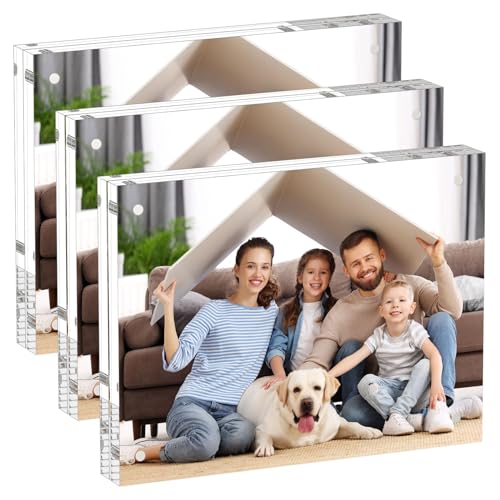 AITEE 6x8 Acrylic Picture Frames 3 Pack, 20% Thicker Block, Clear Picture Frames Freestanding Double Sided Magnetic Acrylic Lucite Frameless Transparent Square Frame Gift for Desktop Display - size: 6x8