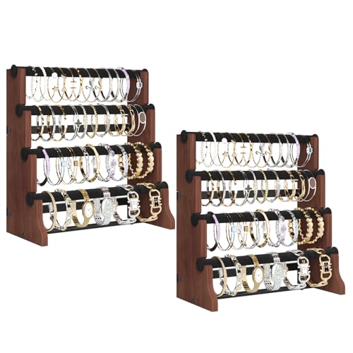 ORLESS 2 Pack Bracelet Holder, 4 Tier Detachable Velvet Jewelry Display Stand, Rustic Wood Necklace Storage Organizer Display Stand, Wall Mounted Holder for Bangles Watch Bracelets,Blackbrown - color: Blackbrown-2Pack