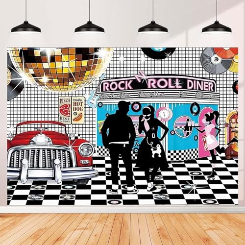 Disco Retro Style Photo Backdrop - 50's Rock Roll Prom Dance Birthday Diner Party Decor - Retro Diner Time Classic Car Party Decoration Banner, 8x6FT - size: 8X6FT