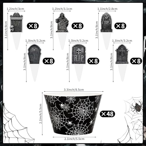 48 Pack Halloween Cupcake Toppers and Black Spider Web Wrappers, Tombstones Skeleton Cupcake Picks Decoration for Halloween Party Birthday Party Supplies - style: Halloween