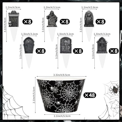 48 Pack Halloween Cupcake Toppers and Black Spider Web Wrappers, Tombstones Skeleton Cupcake Picks Decoration for Halloween Party Birthday Party Supplies - style: Halloween