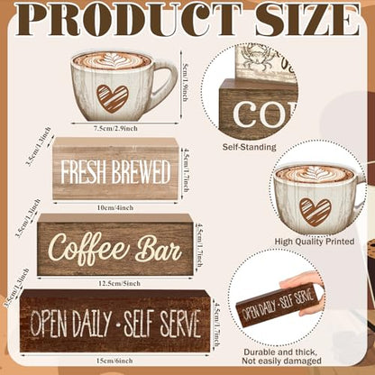 Moucuny 4 Pcs Farmhouse Coffee Bar Signs Decor Wooden Cup Rise & Shine It's Coffee Time Rustic Wood Cafe Sign Gift for Home Kitchen Tabletop Decor - style: Coffee Bar Coffee Bar