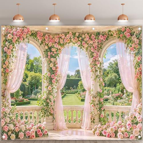 Fabric 10x8ft Spring Window Scenery Photography Backdrop Pink Flowers Rose Graden Background Girl Princess Wedding Bridal Shower Birthday Party Decorations Photo Props - size: 10'x8'