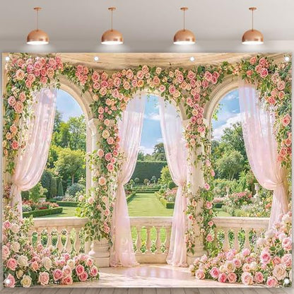 Fabric 10x8ft Spring Window Scenery Photography Backdrop Pink Flowers Rose Graden Background Girl Princess Wedding Bridal Shower Birthday Party Decorations Photo Props - size: 10'x8'