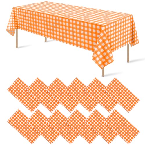 12 Pack Orange Plastic Checkered Tablecloth, Premium Decorative Disposable Orange Gingham Plaid Table Cloths for Parties, Rectangle Party Table Cover for Fall Thanksgiving Picnic Birthday, 54x108 Inch - color: Orange, size: 54"x108"-12 Pack