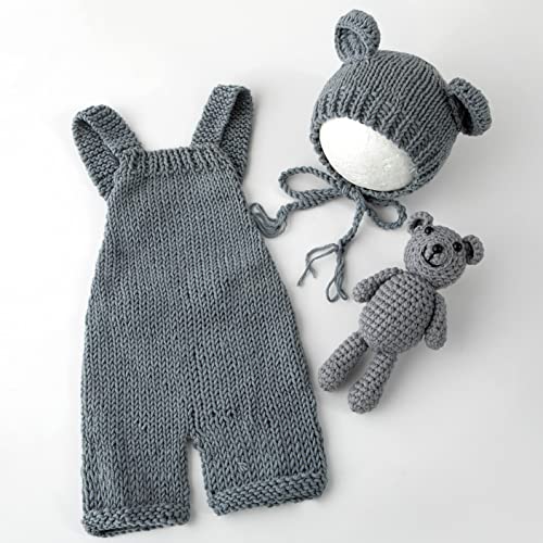 Newborn Photography Props Boys Girls Outfits Baby Photo Props Knit Bear Hat Romper Photoshoot Costume Set - color: Light Gray
