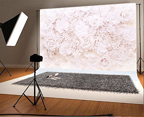 AOFOTO 5x3ft White Flowers Wall Backdrop Elegant Roses Romantic Wedding Decor Bridal Shower Photography Background Baby Girl Artistic Portrait Valentines Mother's Day Photoshoot Studio Props Wallpaper - size: 5x3ft