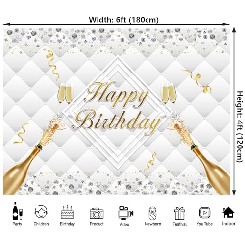 6x4ft Happy Birthday Backdrop Luxury Diamonds Headboard Texture Photography Background for Birthday Adult Champagne Party Decorations Photo Booth Props - size: 6X4FT