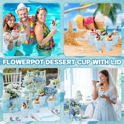 Honeydak 25 Pack Flowerpot Dessert Cup Plastic Cake Cups with Lid Shovel Spoon Mini Flower Pot Dessert Cups Ice Cream Yogurt Cupcake Holder Containers for Birthday Party Supplies DIY Baking(Blue) - color: Blue