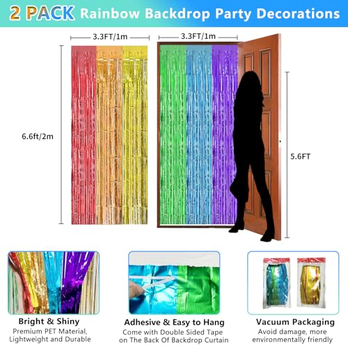 2 Pack Rainbow foil Fringe Backdrop Curtains, 3.3x6.6FT Rainbow Party Decorations Tinsel Backdrop Fringe Curtain Party Streamer for Engagement Graduation Pride Back to School - color: Rainbow