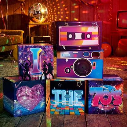 Amyhill 6 Pcs Large 70s Party Decorations Hip Hop Favor Set Paper Party Boxes Novelty Disco Theme Decoration for Retro 1970s 1980s 1990s Theme Birthday Neon Disco Music Supplies - style: 70s