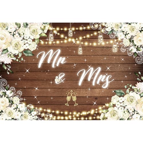 5x3ft Mr and Mrs Floral Backdrop for Bridal Shower White Flowers Photography Background Couple Wedding Party Decorations Bride Engagement Banner Props - color: White, size: 5x3ft