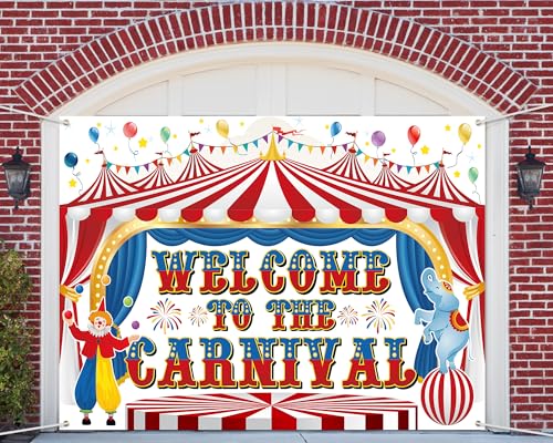 Remagr Large Circus Carnival Backdrop 10 x 8 ft Welcome to The Carnival Banner Backdrop Photo Garage Doors Background for Circus Theme Party Decorations Birthday Party Supplies Photo Props - size: 10 x 8 ft