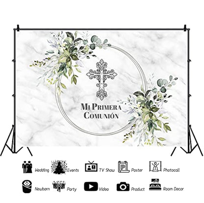 5x3ft Mi Primera Comunión Backdrop Abstract Grey Marble Cross Green Leaves Photo Background for Baptism Party Christening Polyester Photography Banner Decoration Supplies Props - size: 5x3ft-Polyester