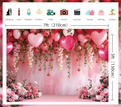 Flowers Wall Backdrop Pink Flowers Love Heart Balloons Romantic Photography Background Wedding Anniversary Birthday Valentines Party Decorations Banner Supplies (7x5FT) - size: 7x5FT