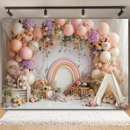 Newborn Baby 1st Birthday Photography Backdrop - Boho Balloons Tent Flower Decor Background for Kids Birthday, Baby Shower Party Portrait Cake Smash Props (7x5ft) - size: 7x5ft