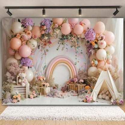 Newborn Baby 1st Birthday Photography Backdrop - Balloons Tent Flower Decor Background for Kids Birthday Party Baby Shower Portrait Cake Smash Props (8x6ft) - size: 8x6ft