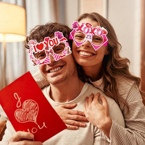 8 Pcs Happy Valentine's Day Party Eyeglasses Photo Props Heart Diamond Lips Roses Paper Glasses Photo Prop Pink Valentine's Day Engagement Wedding Anniversary Party Favors Supplies Decorations