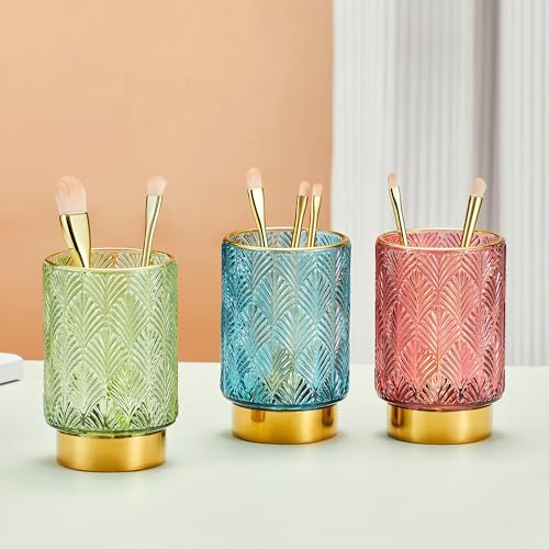 Makeup Brush Holder Organizer,Toothbrush Holders,Desk Pen Pencil Holder,Multifunctional Vintage Glass Brush Cup（A42-1-US） - color: Green