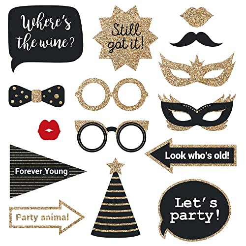 Fully Assembled Birthday Photo Booth Props. 30 Piece Box Set of Black & Gold Selfie Party Supplies and Decorations Kit with Real Glitter - Cute Bday Designs for Women - Did We Mention No DIY