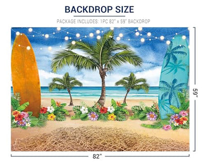 Allenjoy Summer Beach Ocean Photography Backdrops Blue Sky Seaside Surfboard Tropical Palm Trees Luau Kids Girl 1st Birthday Party Decor Banner Baby Shower 7x5ft Photoshoot Background Photo Booth Prop - size: 7'x5'