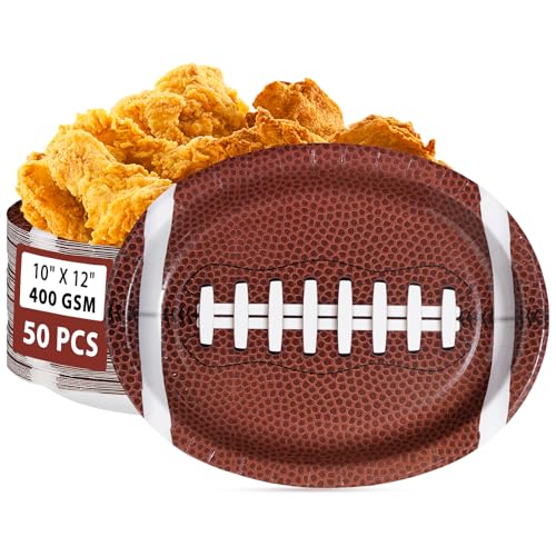50Pcs Large Football Oval Plates 10"x12" Heavy Duty Football Food Plates Disposable Football Food Tray for Football Theme Party Supplies Sports Event Game Tailgate Carnivals Birthday Party Decorations - style: Football Oval Plates