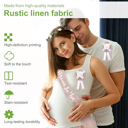 5pcs Neutral Burlap Dad to Be Pin Mom to Be Sash Baby Shower Decorations, Eucalyptus Baby Shower Sash Corsage Pin and Flower Crown Gender Reveals Party Decorations