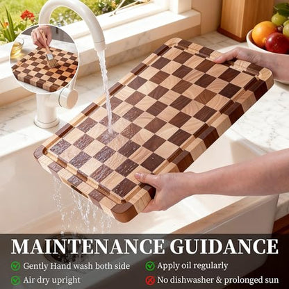 WILLKOMMEN Checkered Cutting Board for Kitchen– Wood Checkerboard End Grain Chopping Board 1" Thick Butcher Block with Juice Groove & Handle, Reversible for Cooking and Serving (Rectangular) - style: Rectangle Checkerboard-1 pack