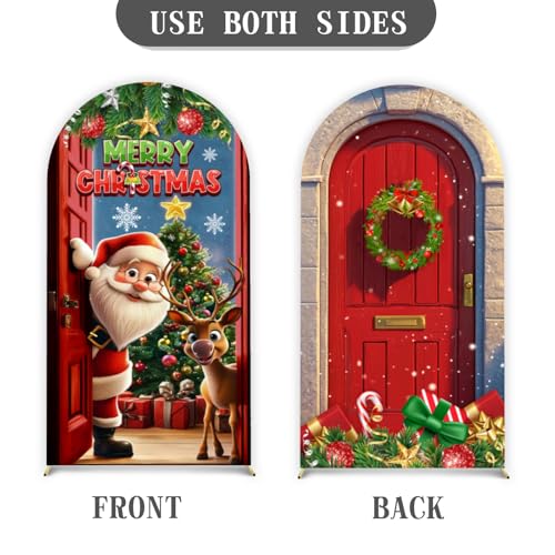 Merry Christmas Arch Backdrop Stand Cover 7.2ft Red Arch Wall Backdrop Christmas Day Round Top Cover Spandex Fabric 2-Sided for Winter Party Xmas Family Holiday Photo - color: Christmas1, size: 7.2FT