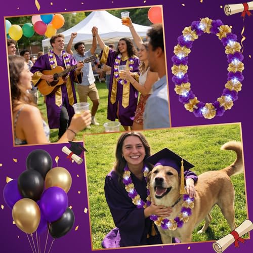 Sherr 24 Pcs LED Leis Light Up Purple and Gold Hawaiian Flower Necklaces, Graduation 2026 Party Supplies, Class of 2026 Leis for Beach Wedding Luau Glow Party Favors - color: Purple Gold