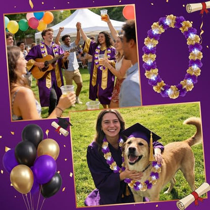 Sherr 24 Pcs LED Leis Light Up Purple and Gold Hawaiian Flower Necklaces, Graduation 2026 Party Supplies, Class of 2026 Leis for Beach Wedding Luau Glow Party Favors - color: Purple Gold